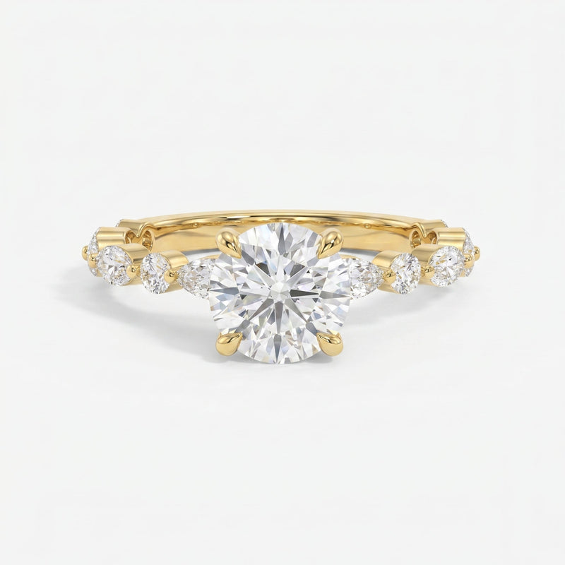 Elegant Round Prong Set Diamond Ring with Marquise Accents Side Stone Engagement Ring, view 1