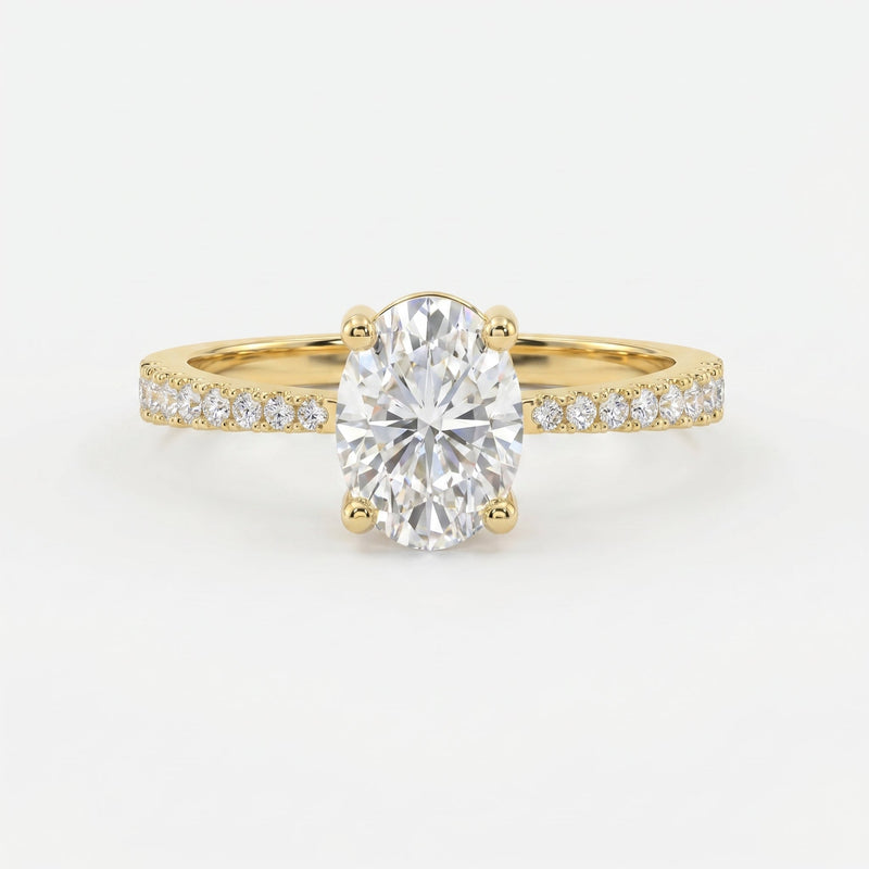 Oval Cut Diamond Side Stone Engagement Ring with Pavé Band, view 1
