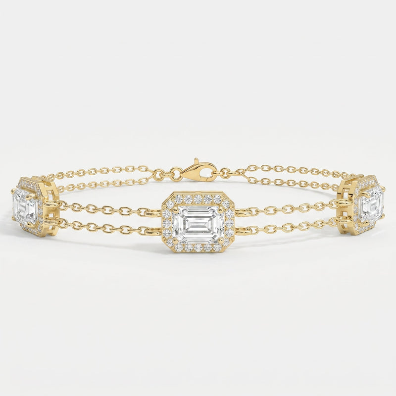 Emerald Cut Diamond Halo Double Chain Statement Design Bracelet, view 1