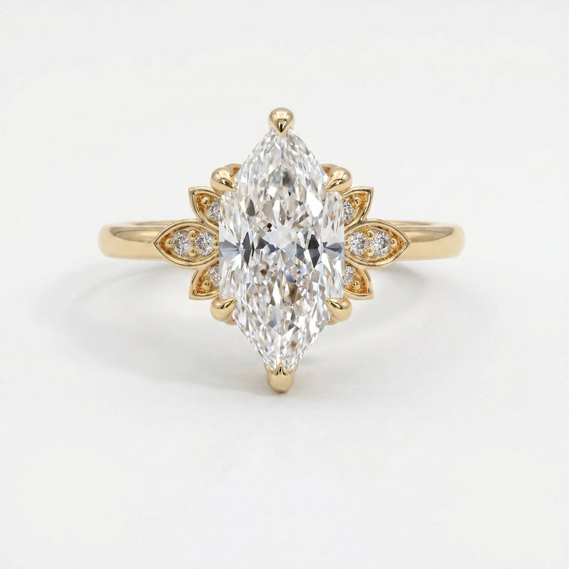 Dutch Marquise Cut Lab Diamond Floral Side Cluster Design Engagement Ring, view 1