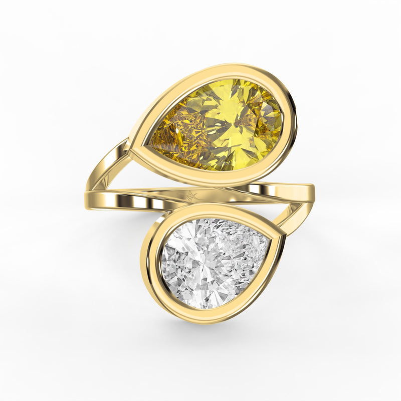Elegant Two Stone Yellow Sapphire & Pear Cut Diamond Toi et Moi Ring, view 1