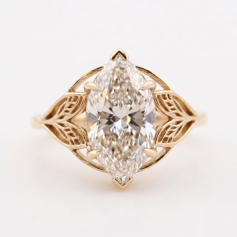 Solitaire Leaf Design Marquise Cut Diamond Engagement Ring, view 1