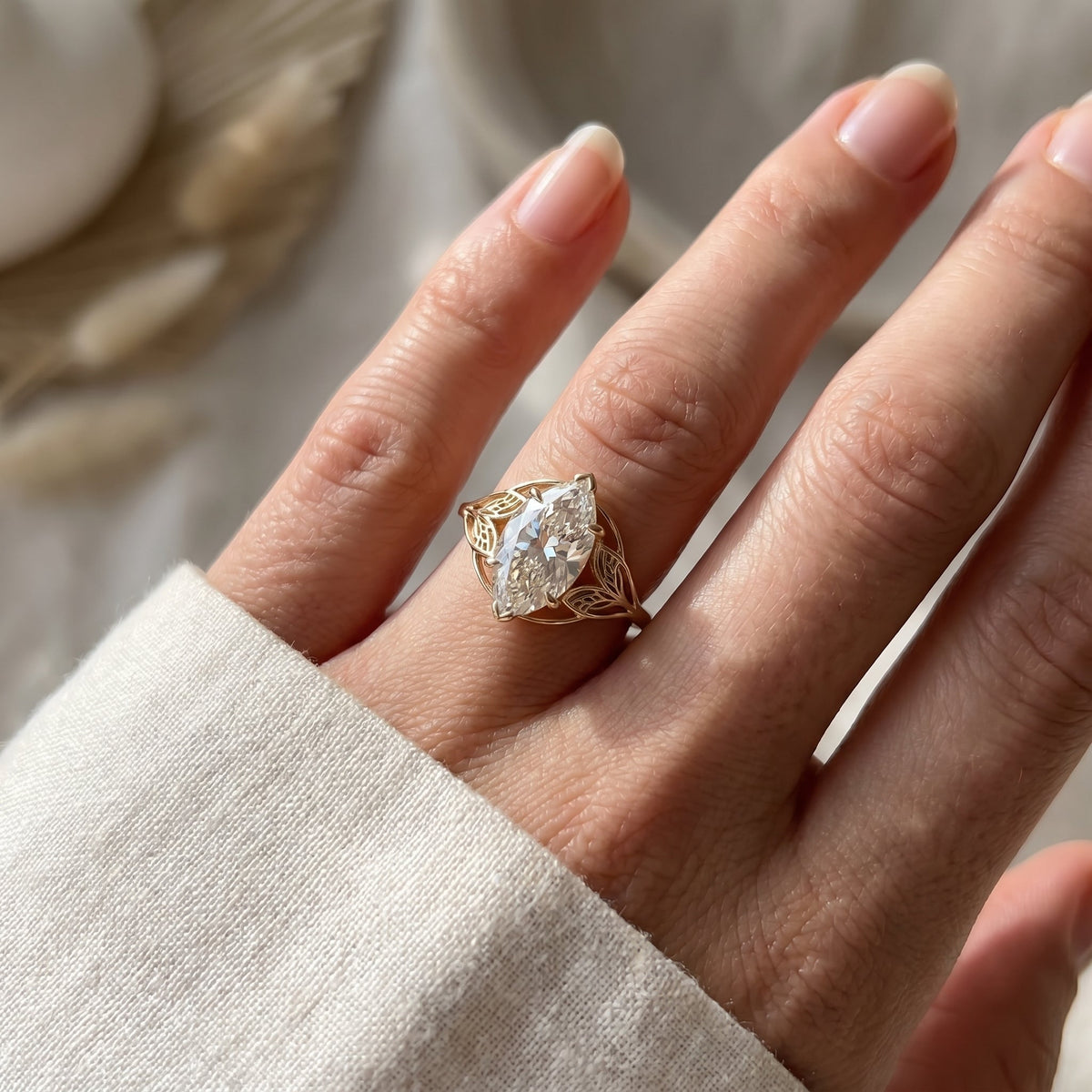 Solitaire Leaf Design Marquise Cut Diamond Engagement Ring, view 2