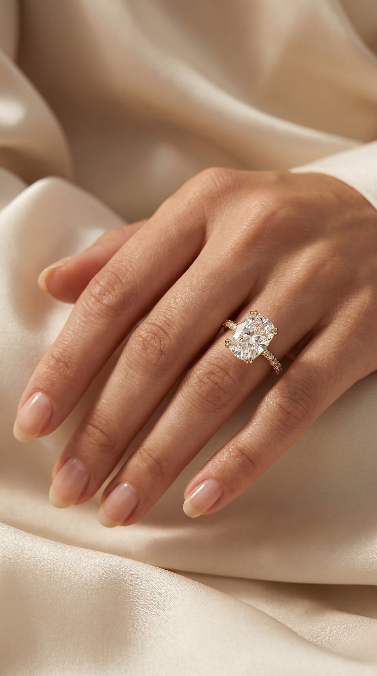Cushion Cut Diamond Pave Side Stone Engagement Ring, view 2