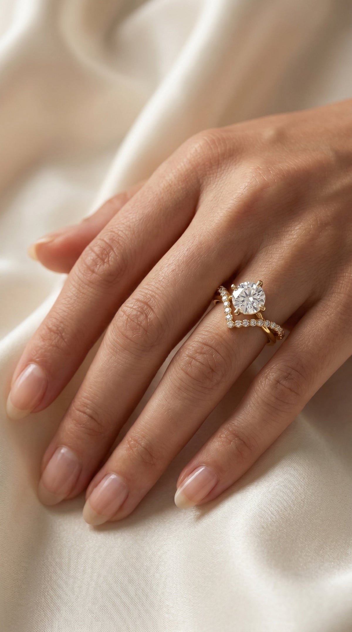 Round Cut Diamond Split Shank Chevron Pave Side Stone Engagement Ring, view 2