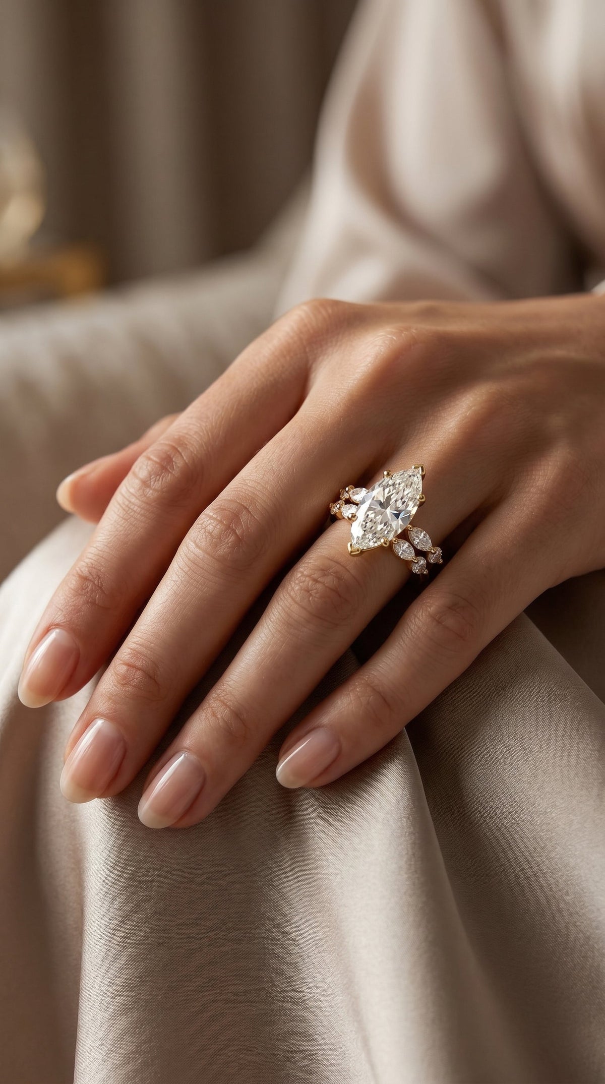 Marquise Diamond Bridal Set Statement Side Stone Engagement Ring, view 2