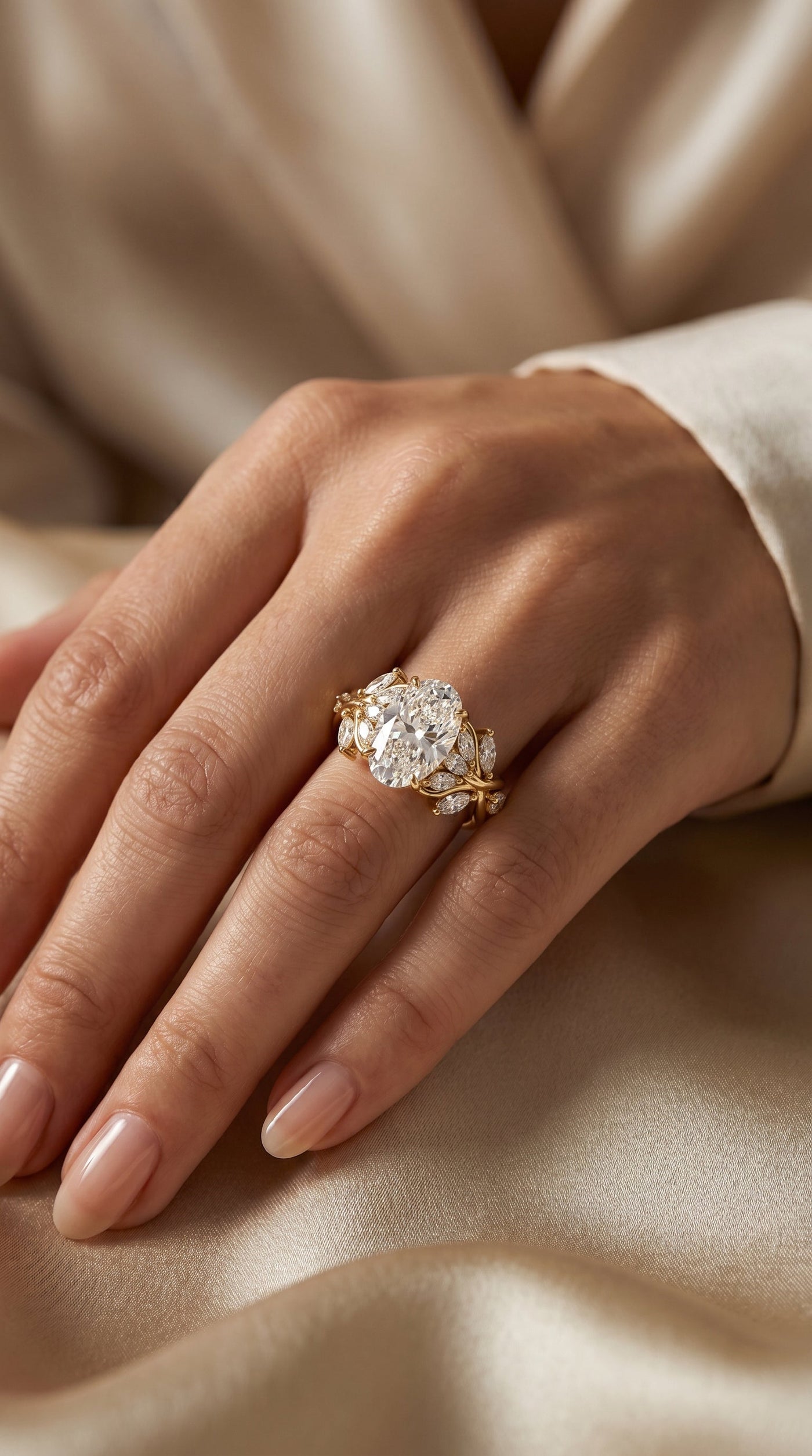 Oval Diamond Engagement Ring Nature Inspired Marquise Leaf Side Stone Ring, view 2
