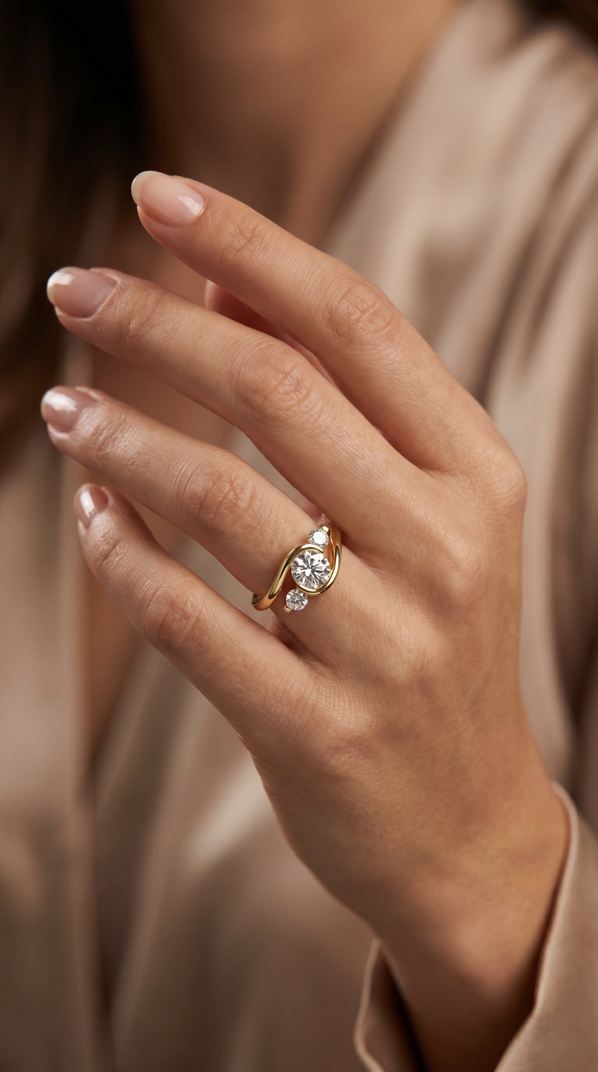 Modern Three-Stone Diamond Bypass Unique Swirl Design, view 2