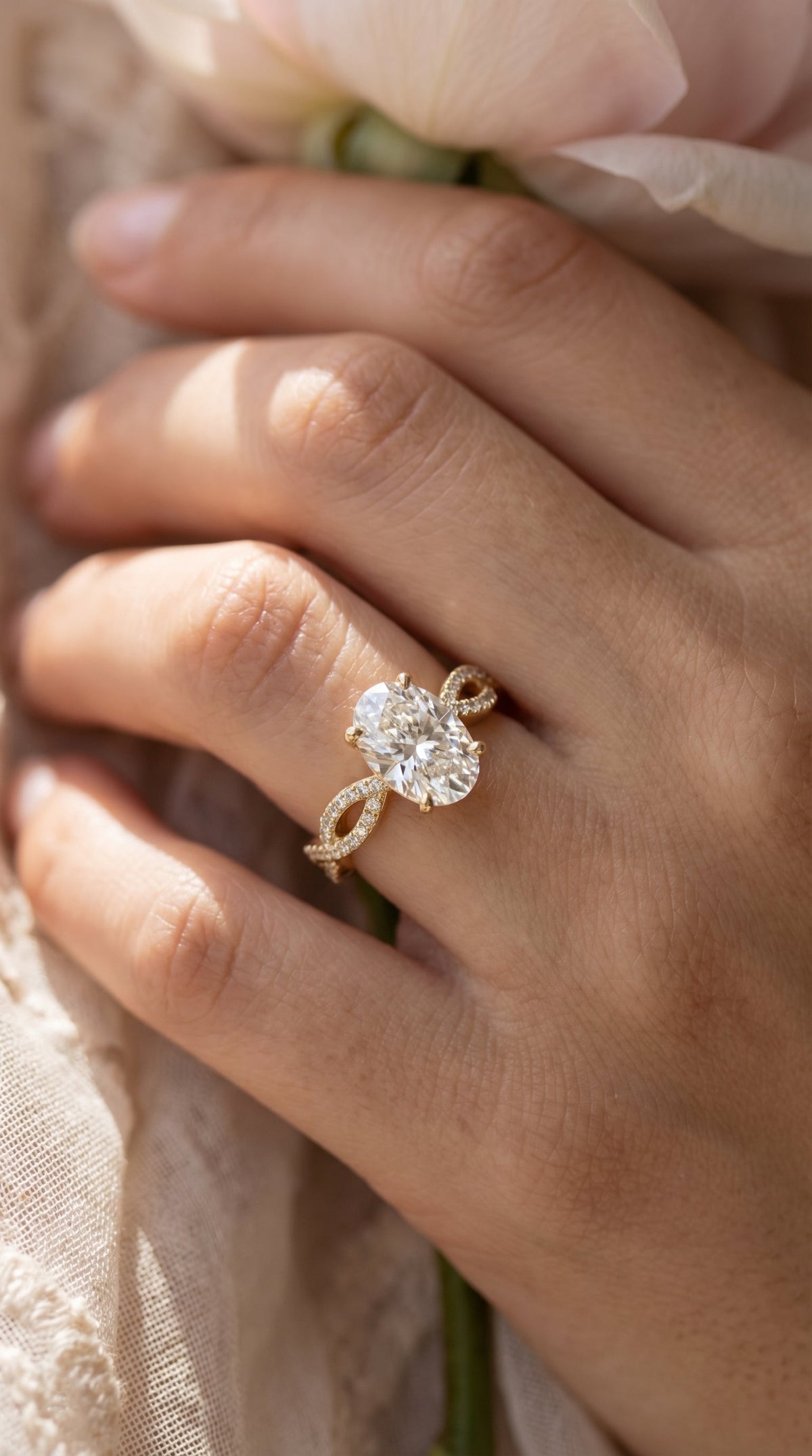 Elegant Oval Cut Diamond with Twisted Pave Engagement Ring, view 2