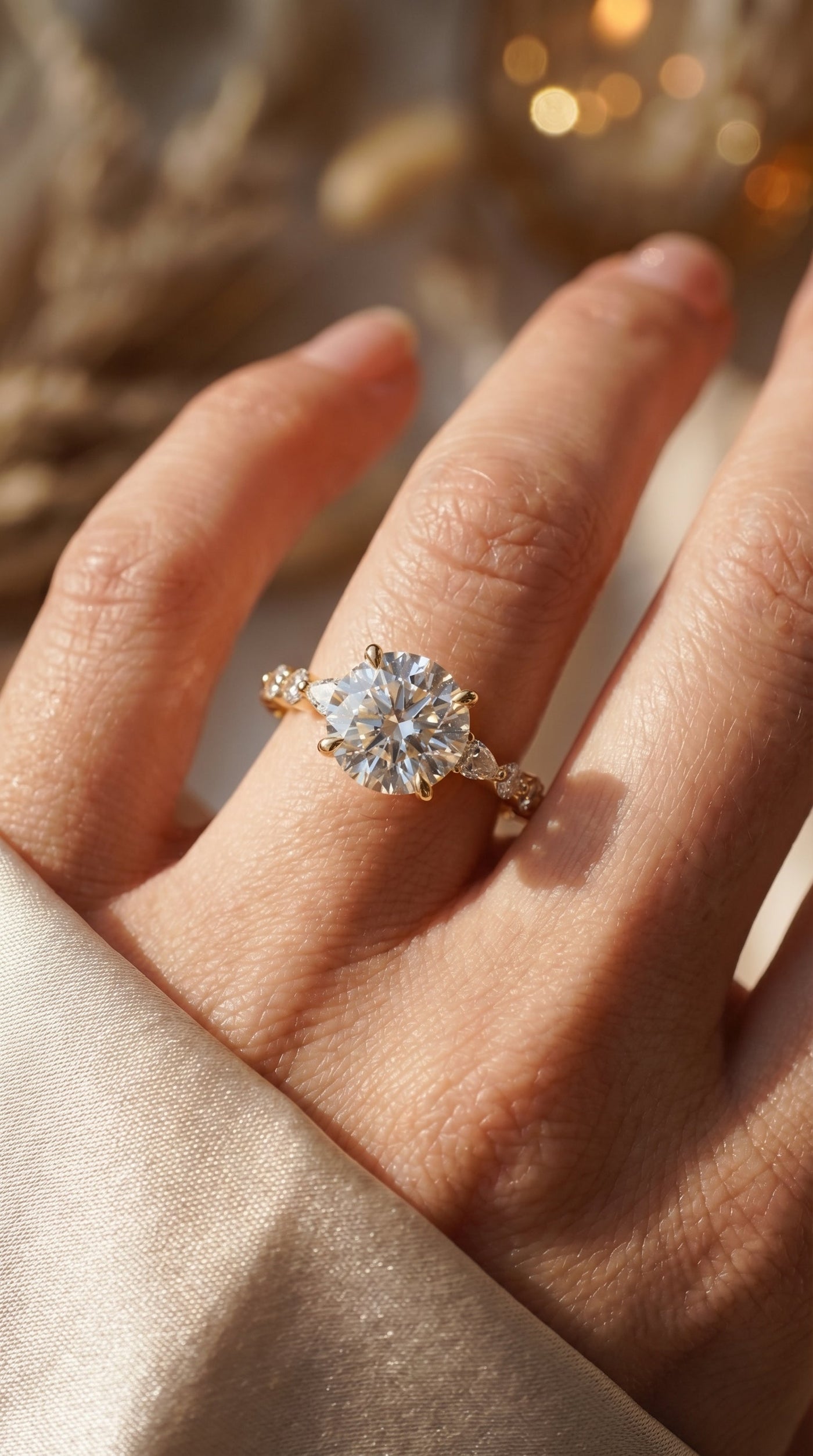 Elegant Round Prong Set Diamond Ring with Marquise Accents Side Stone Engagement Ring, view 2