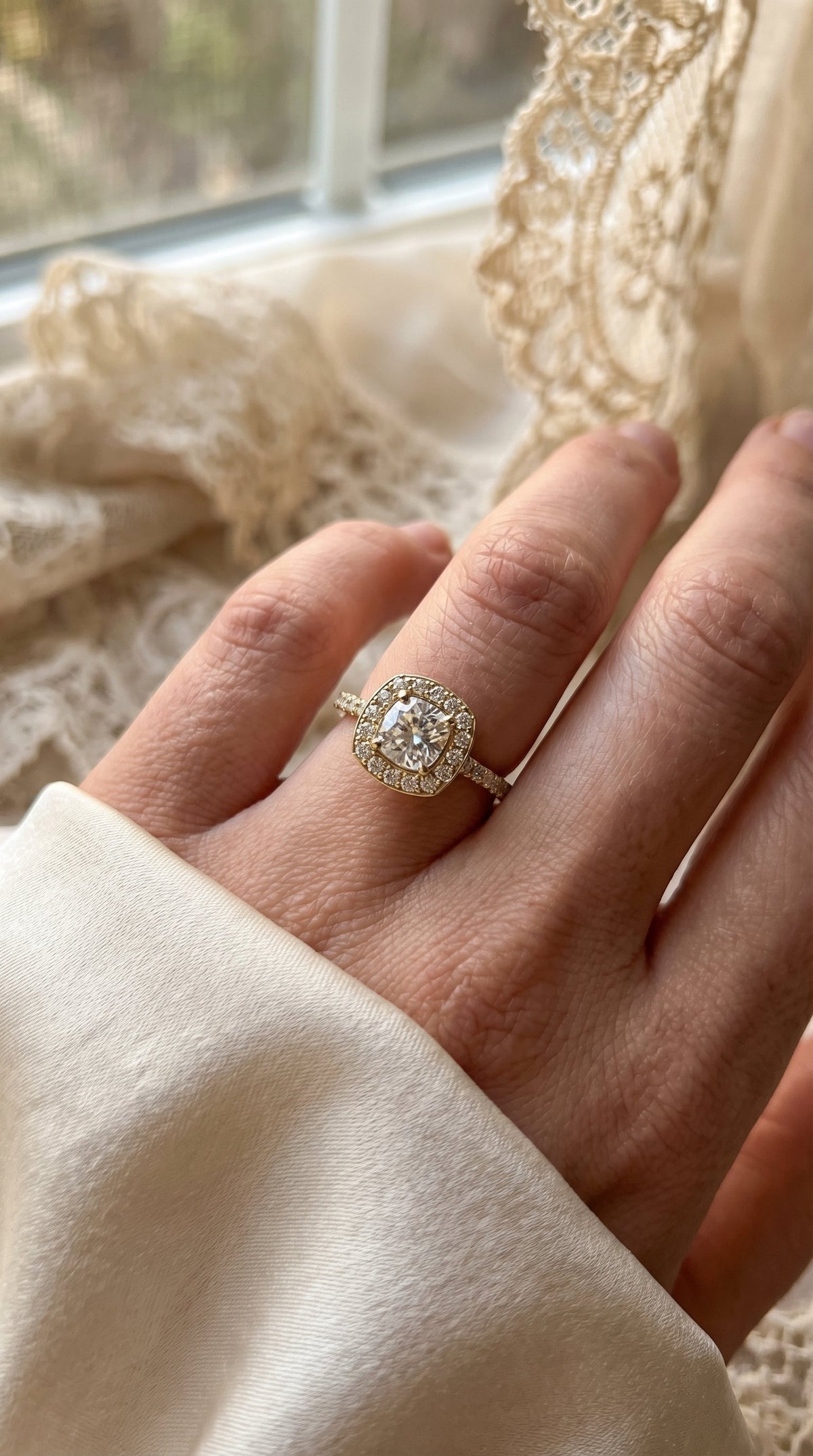 Elegant Cushion diamond Side Stone engagement ring, view 2