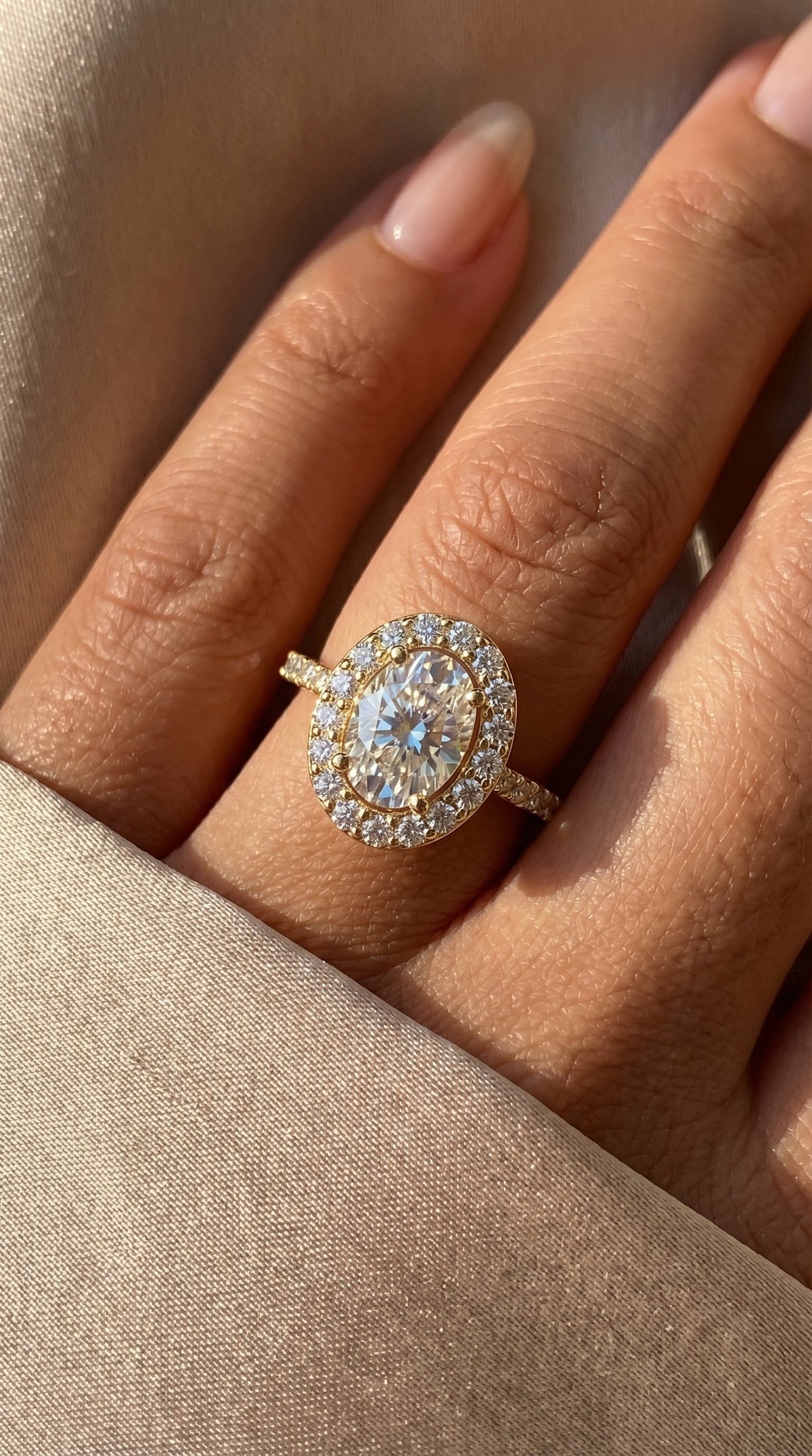 Elegant Oval Diamond Side Stone Pavé Engagement Ring, view 2