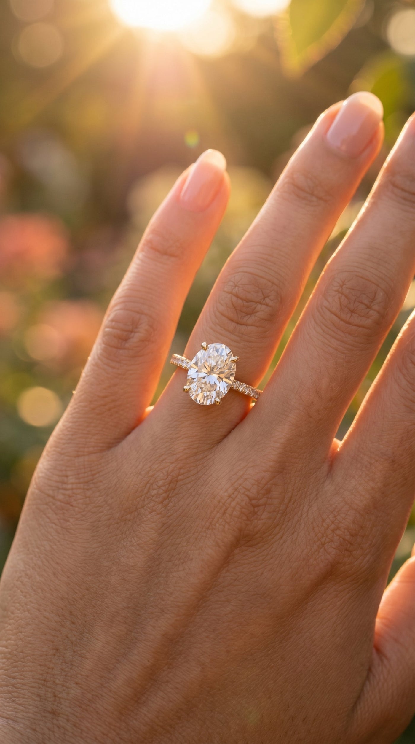 Oval Cut Diamond Side Stone Engagement Ring with Pavé Band, view 2