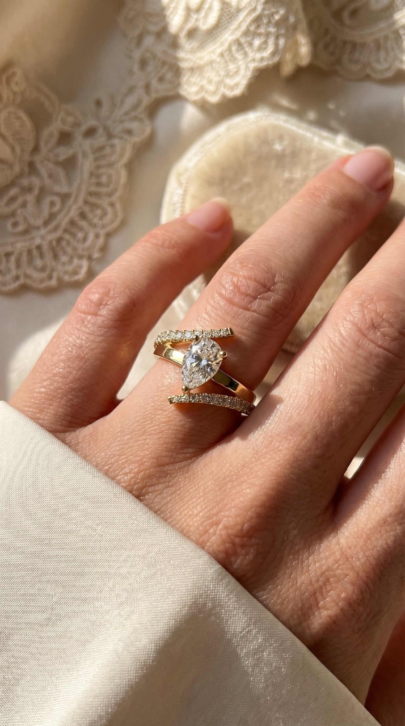 Elegant Pear-Cut Diamond Bypass Side Stone Engagement Ring, view 2