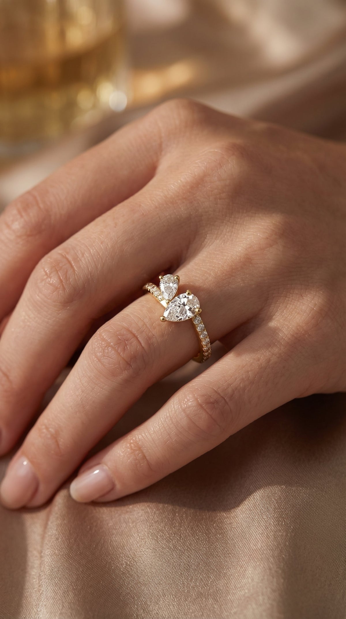 Two-Stone Pear Shaped Diamond Bypass Side Stone Engagement Ring, view 2