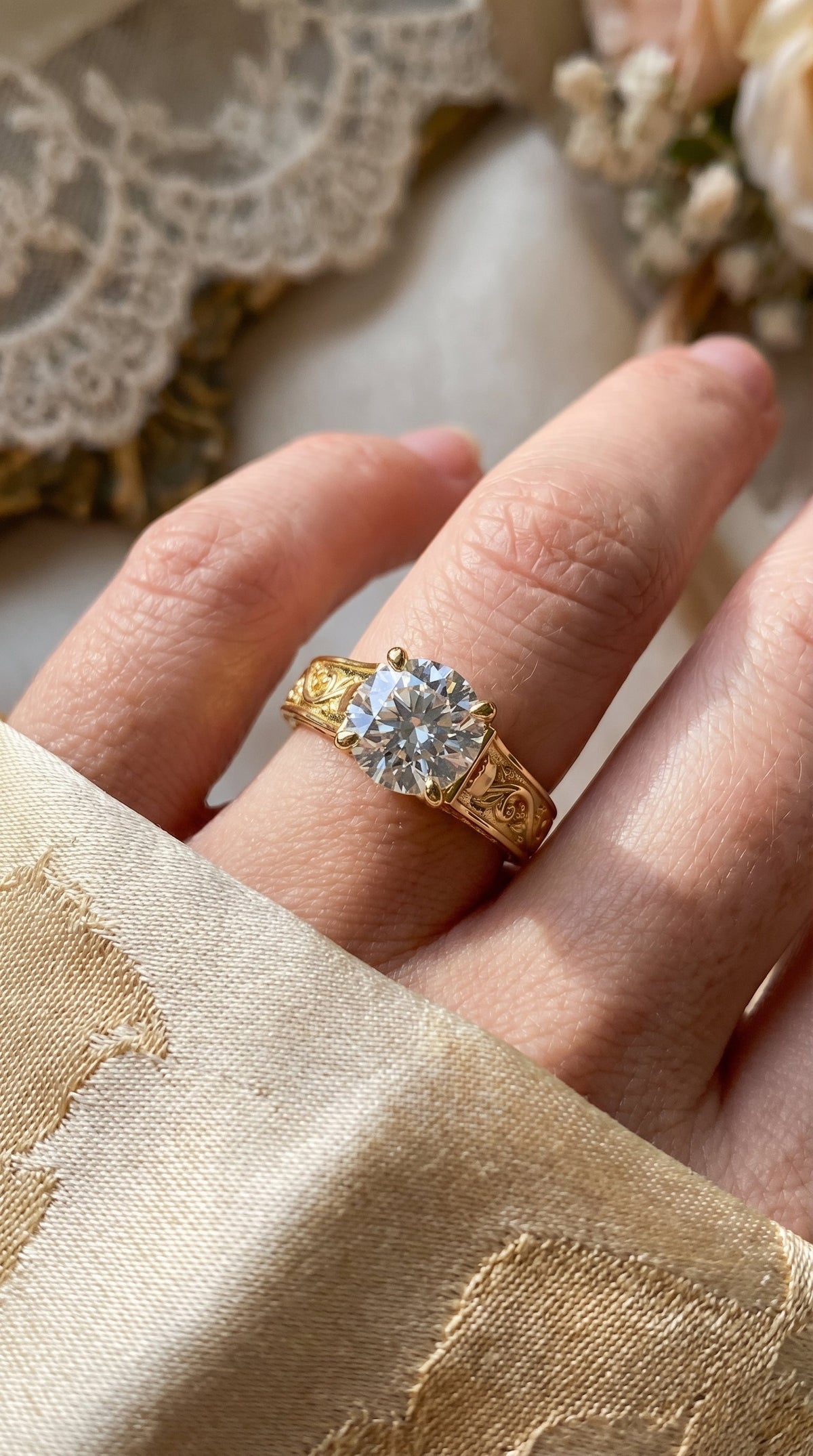Vintage Floral Engraved Round Cut Diamond Engagement Ring, view 2