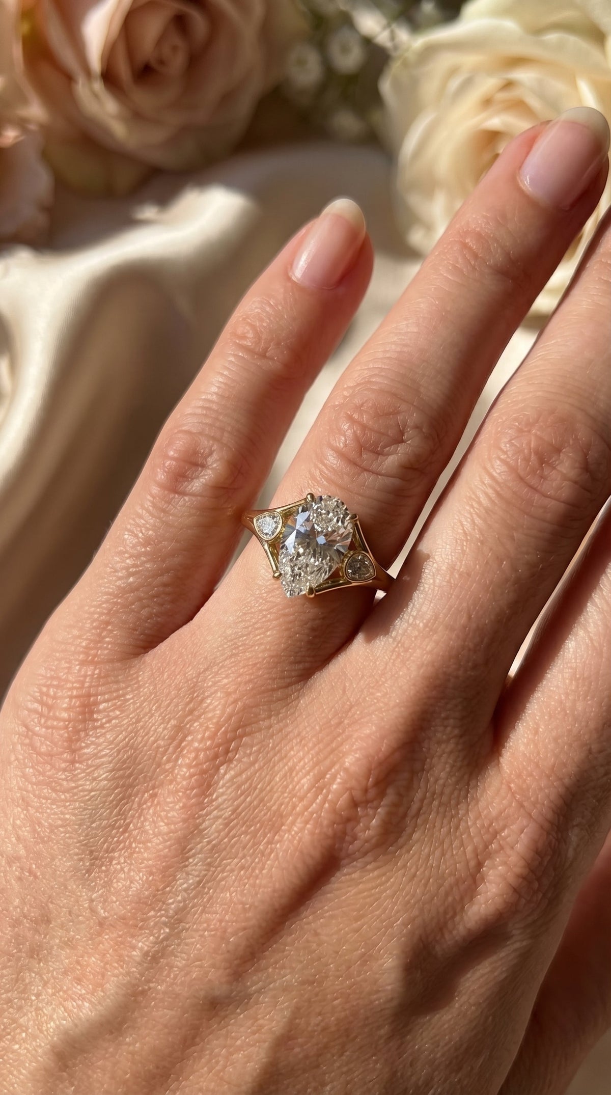 Custom 4‑Prong Diamond Ring with Bezel‑Set Pear Side Stones, view 2