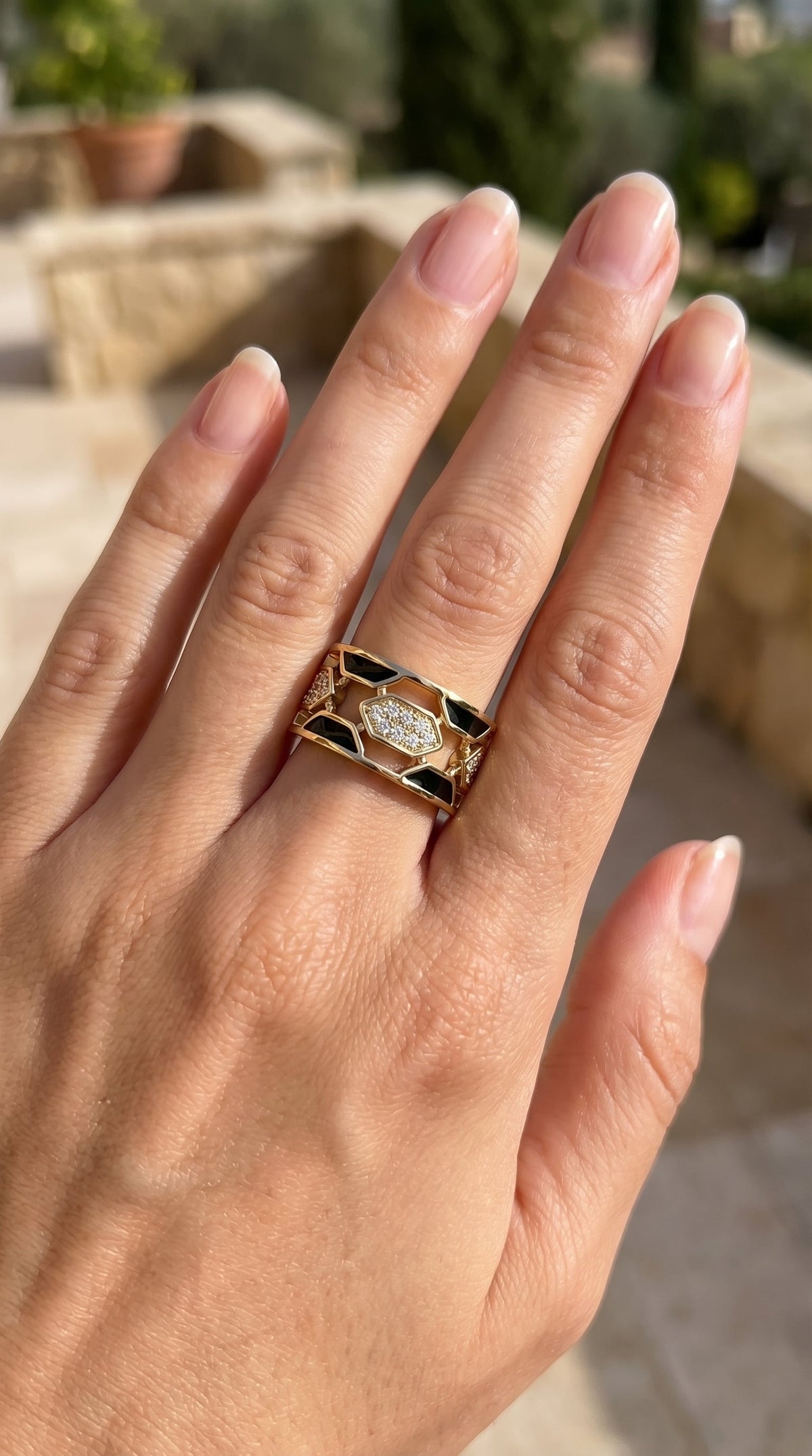 Geometric Cluster Design with Black Enamel Diamond Band, view 2