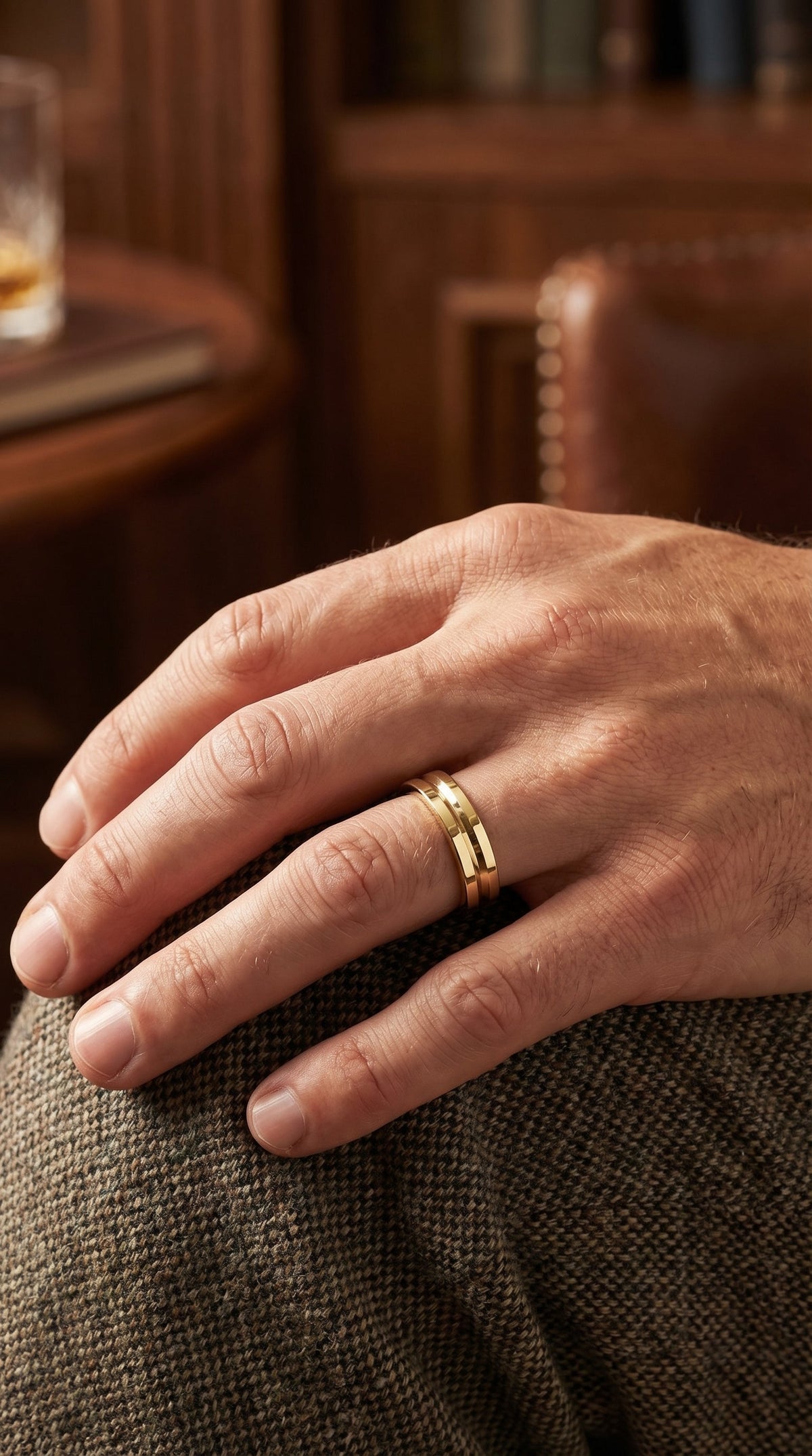 Bullnose Groove Pattern Flat Wedding Metal Ring, view 2