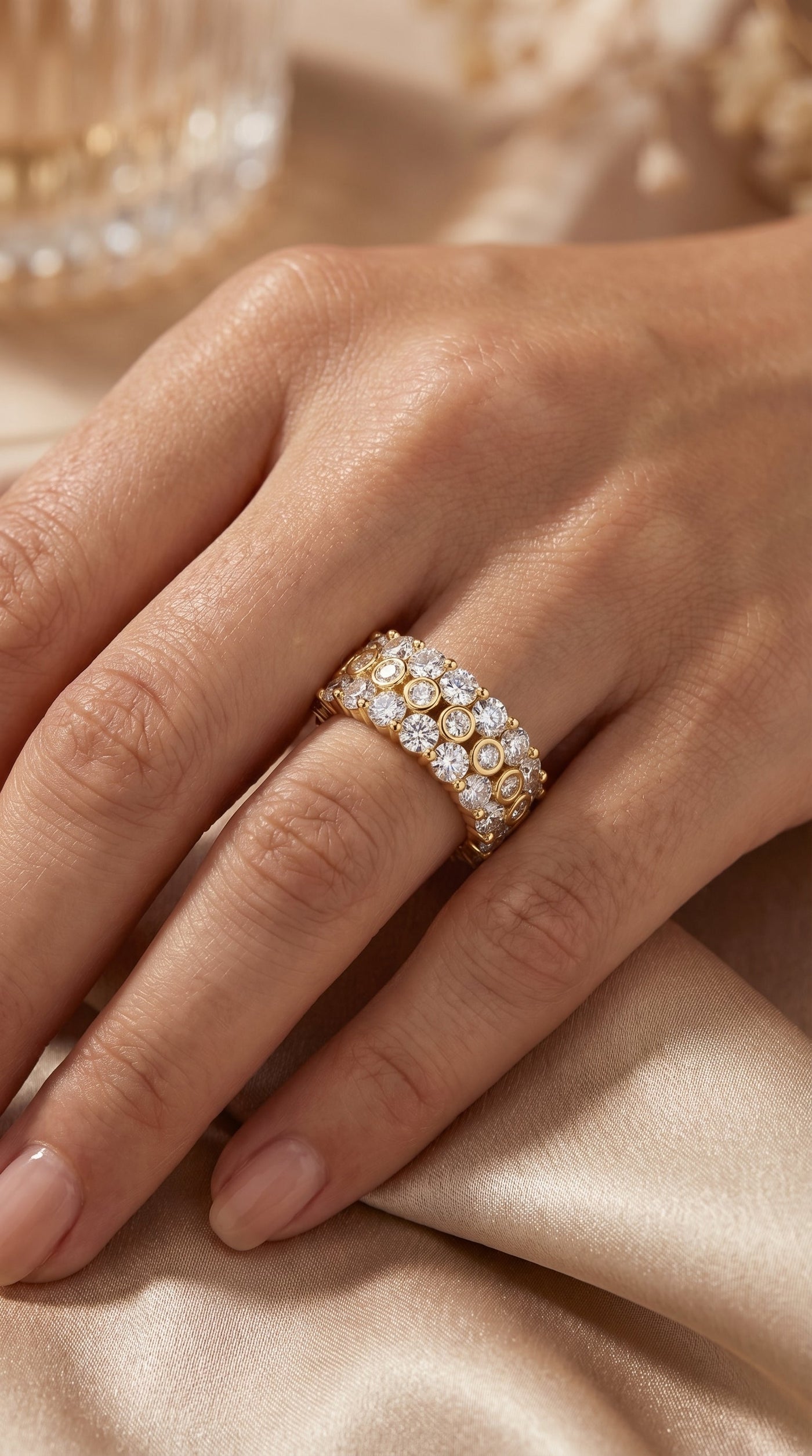 Wide Multi Row Round Brilliant Cut Diamond Band, view 2