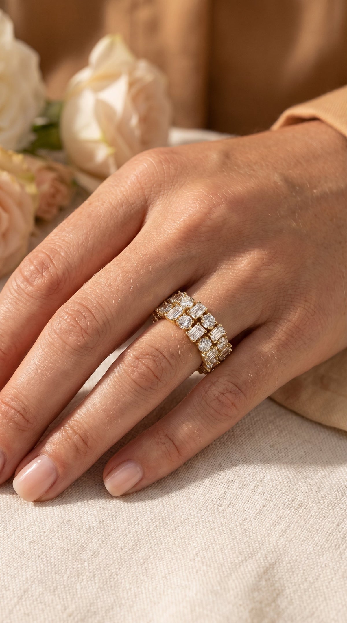 Uniqe Statement Wide Round & Emerald Diamond Band, view 2
