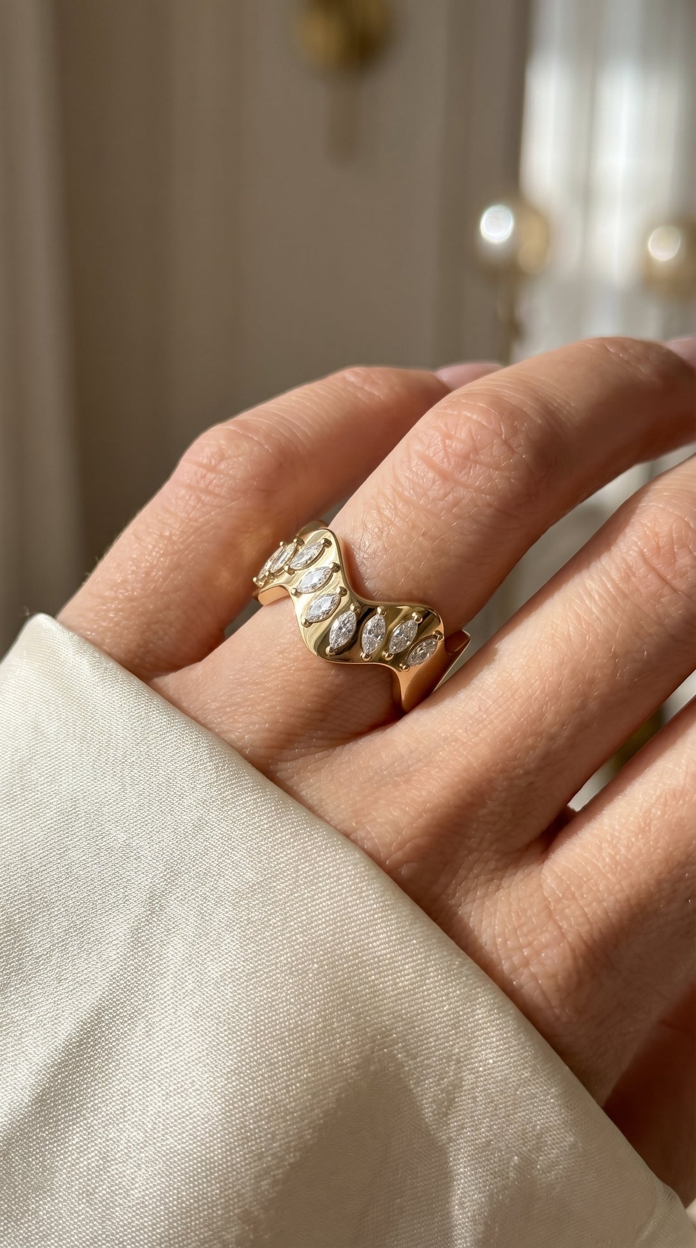 Curved Diamond Band with Marquise Cut Uniqe Statement Band, view 2