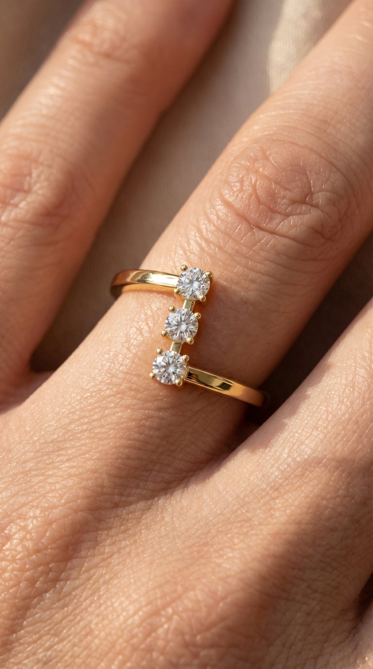 Modern Split Shank Three Stone Round Diamond Curved Ring, view 2