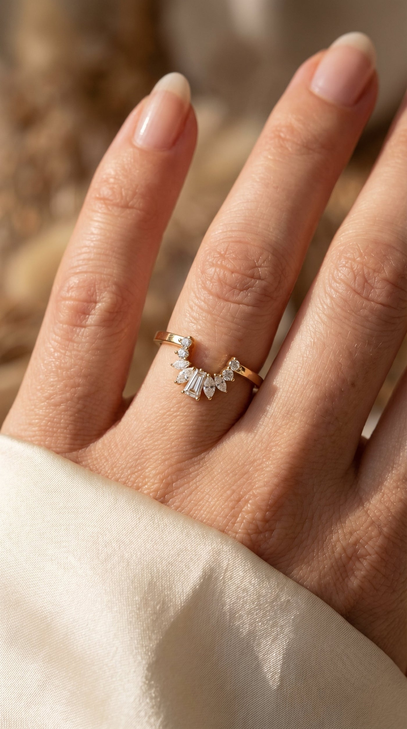 Gracefully Crafted Marquise & Baguette Diamond Curved Design Ring, view 2