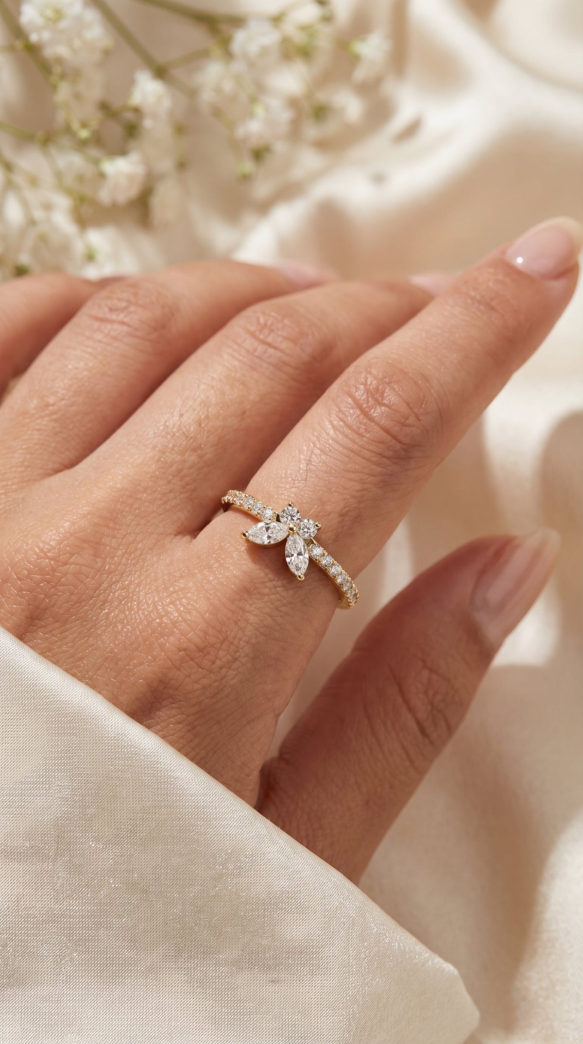 Elegant Floral Marquise and Round Diamond Ring, view 2