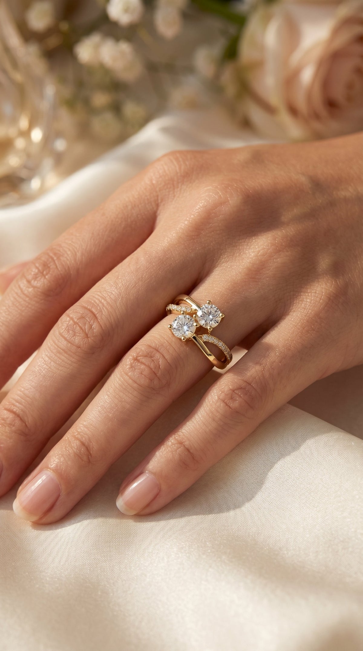 Elegant Two-Stone Diamond Split Shank Double Round Cut Ring with Pavé Band, view 2