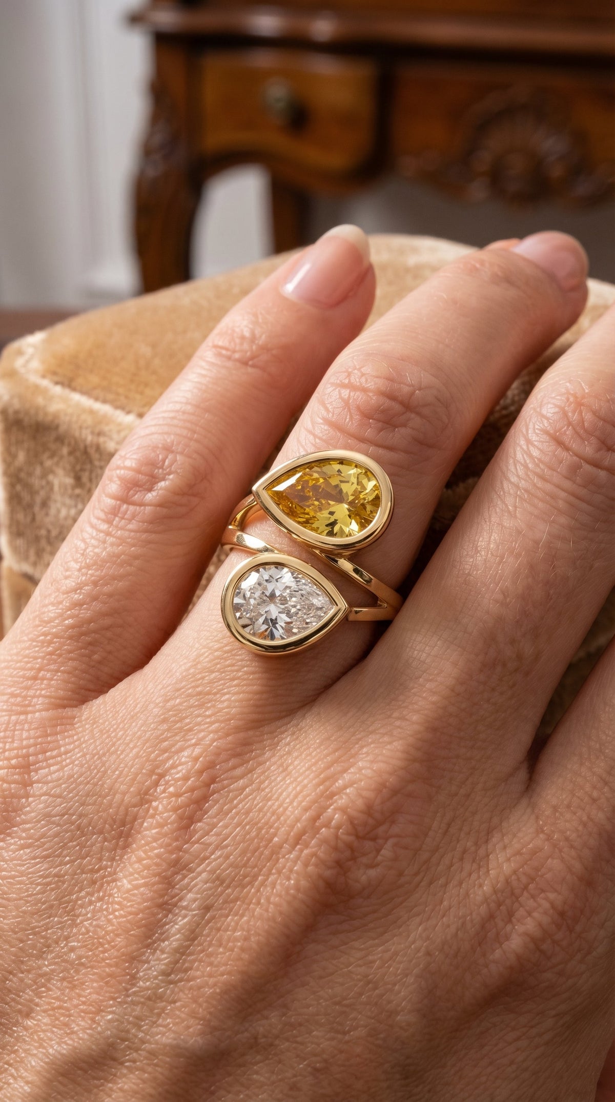 Elegant Two Stone Yellow Sapphire & Pear Cut Diamond Toi et Moi Ring, view 2