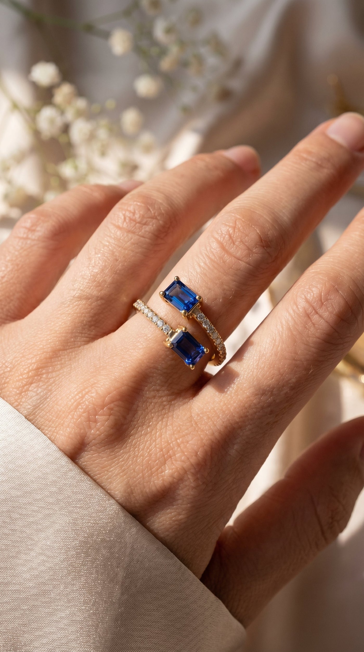 Emerald Cut Blue Sapphire Double Stone Pave Wrap Ring, view 2