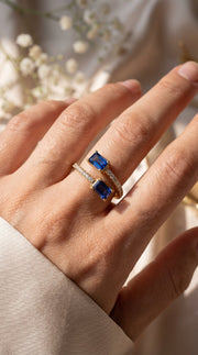 Emerald Cut Blue Sapphire Double Stone Pave Wrap Ring, view 2