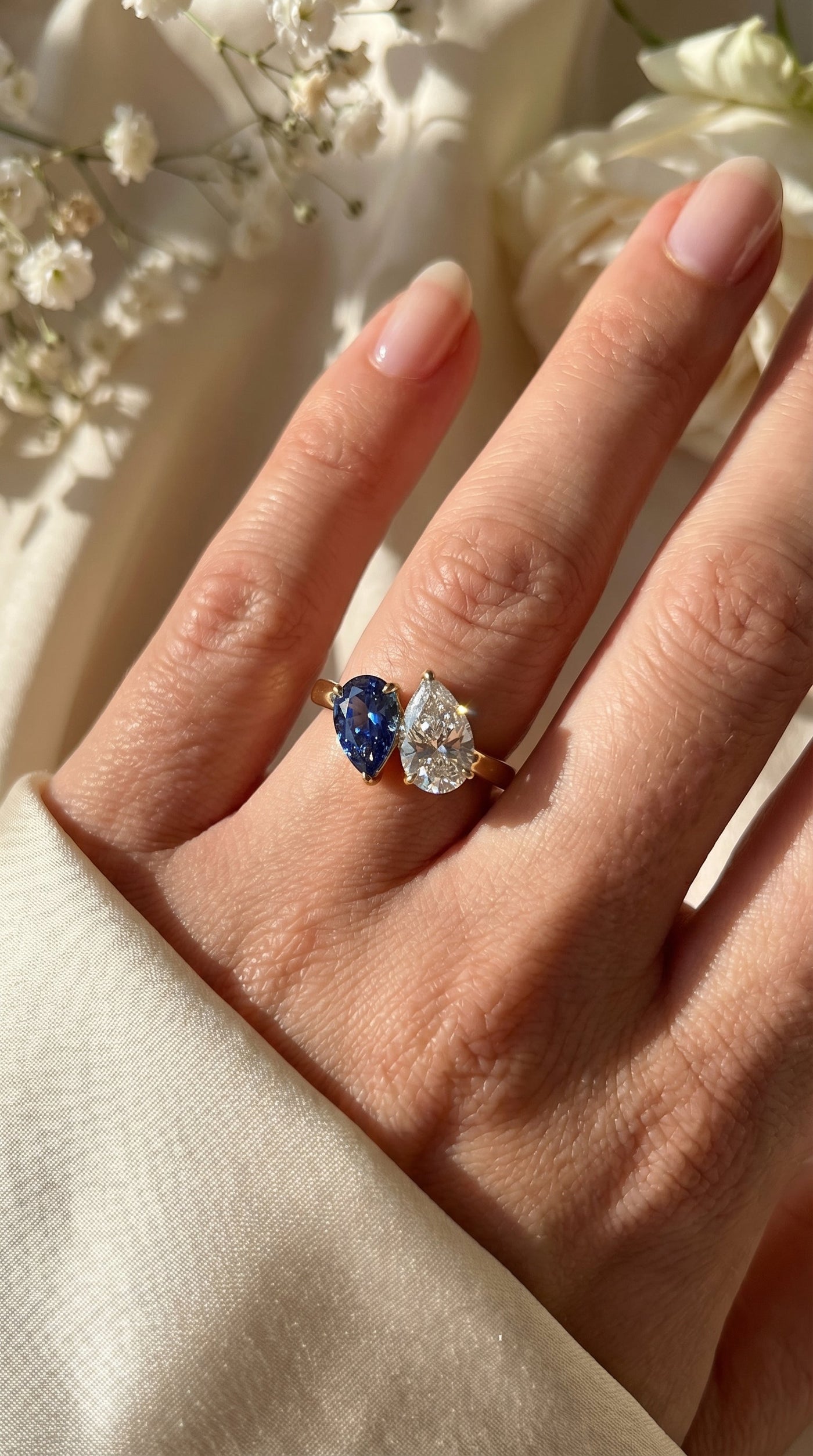 Toi et Moi Ring with Blue Sapphire and Pear Shape Diamond, view 2