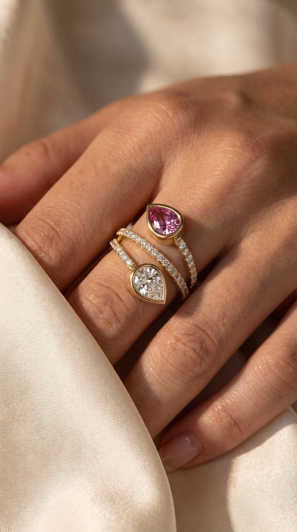 Elegant Wrap Style Dual Pear Shape Diamond Ring with Pink Gemstone, view 2