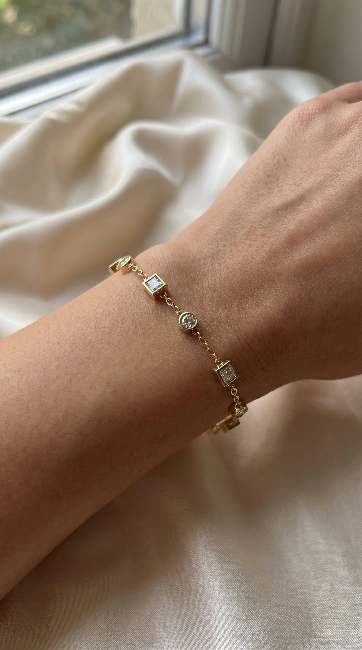 Modern Diamond Station Bracelet with Alternating Round & Princess-Cut Bezel Set Diamonds, view 2