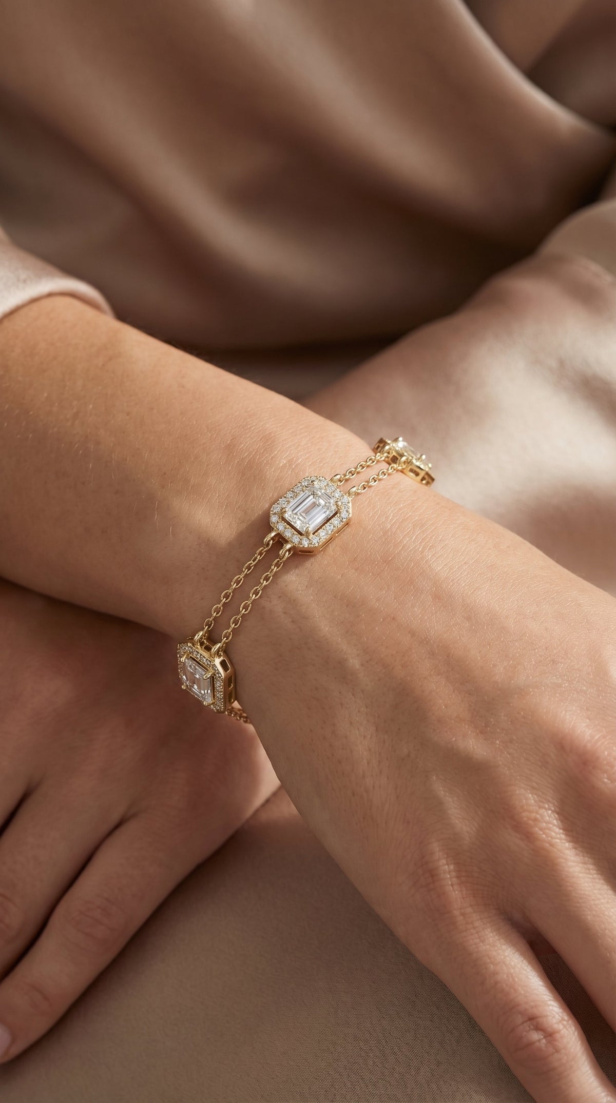 Emerald Cut Diamond Halo Double Chain Statement Design Bracelet, view 2