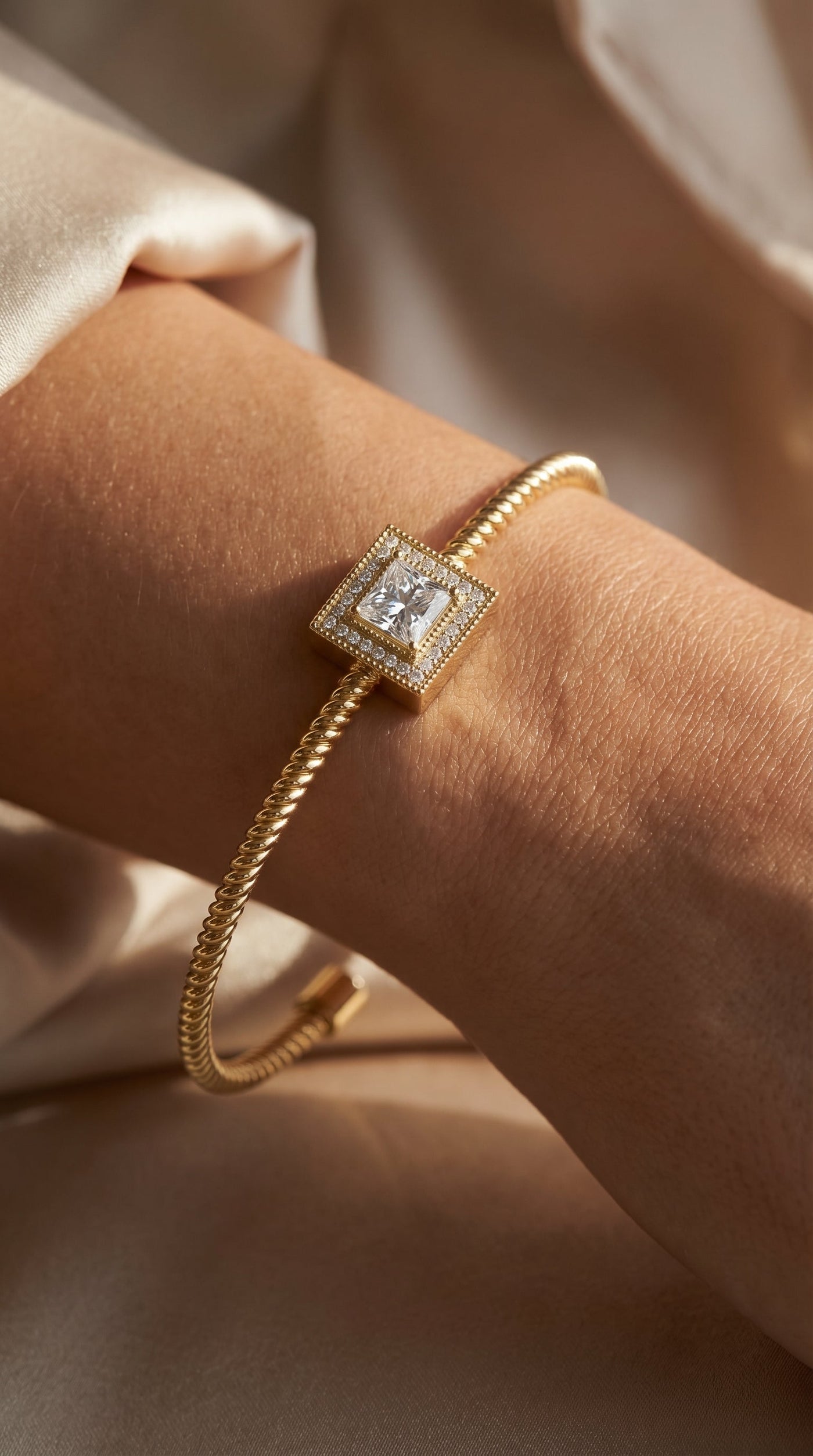 Cuff Bracelet with Square Halo Centrepiece, Princess Cut Diamond, view 2