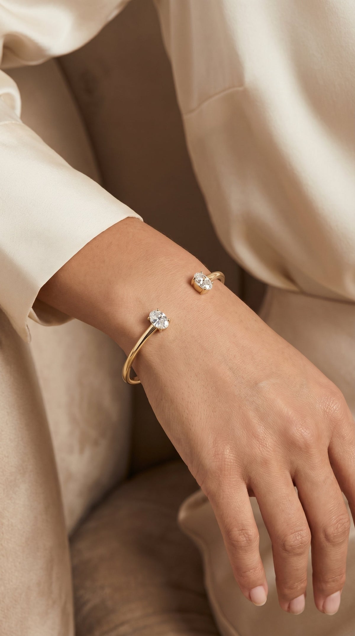 Minimalist Open Cuff Bracelet with Solitaire Oval Diamonds, view 2