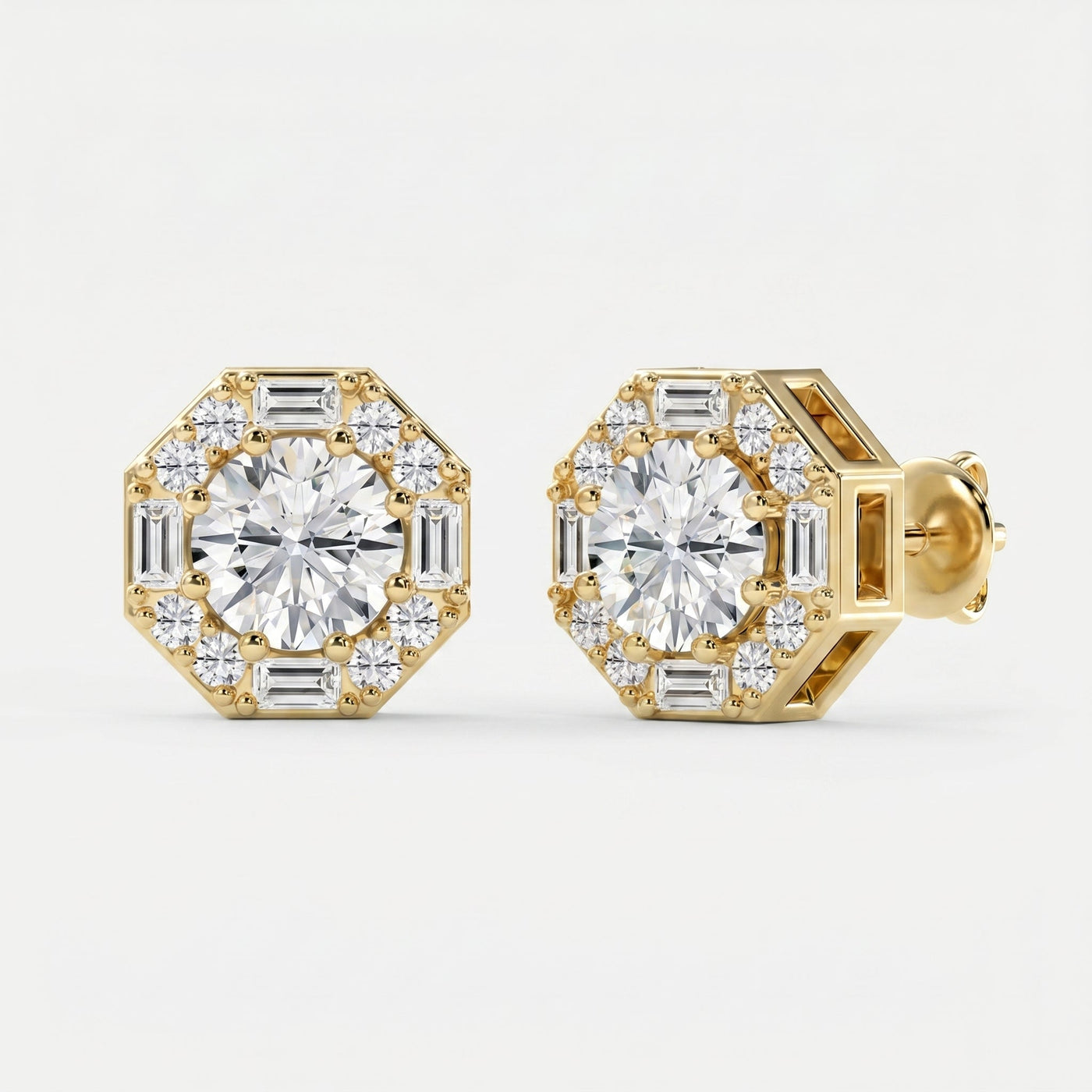 Octagon Halo Diamond Stud Earring, view 3
