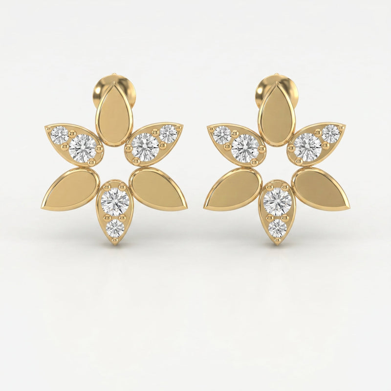 Elegant Leaf Petal Round Diamond Floral Cluster Design Earrings, view 1