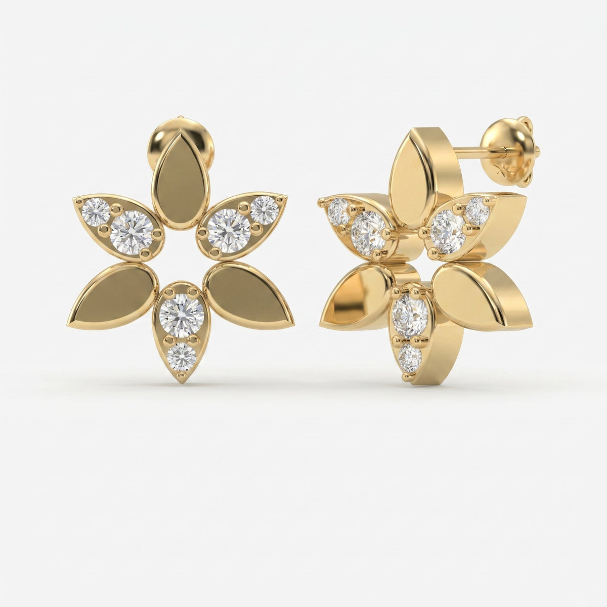 Elegant Leaf Petal Round Diamond Floral Cluster Design Earrings, view 3