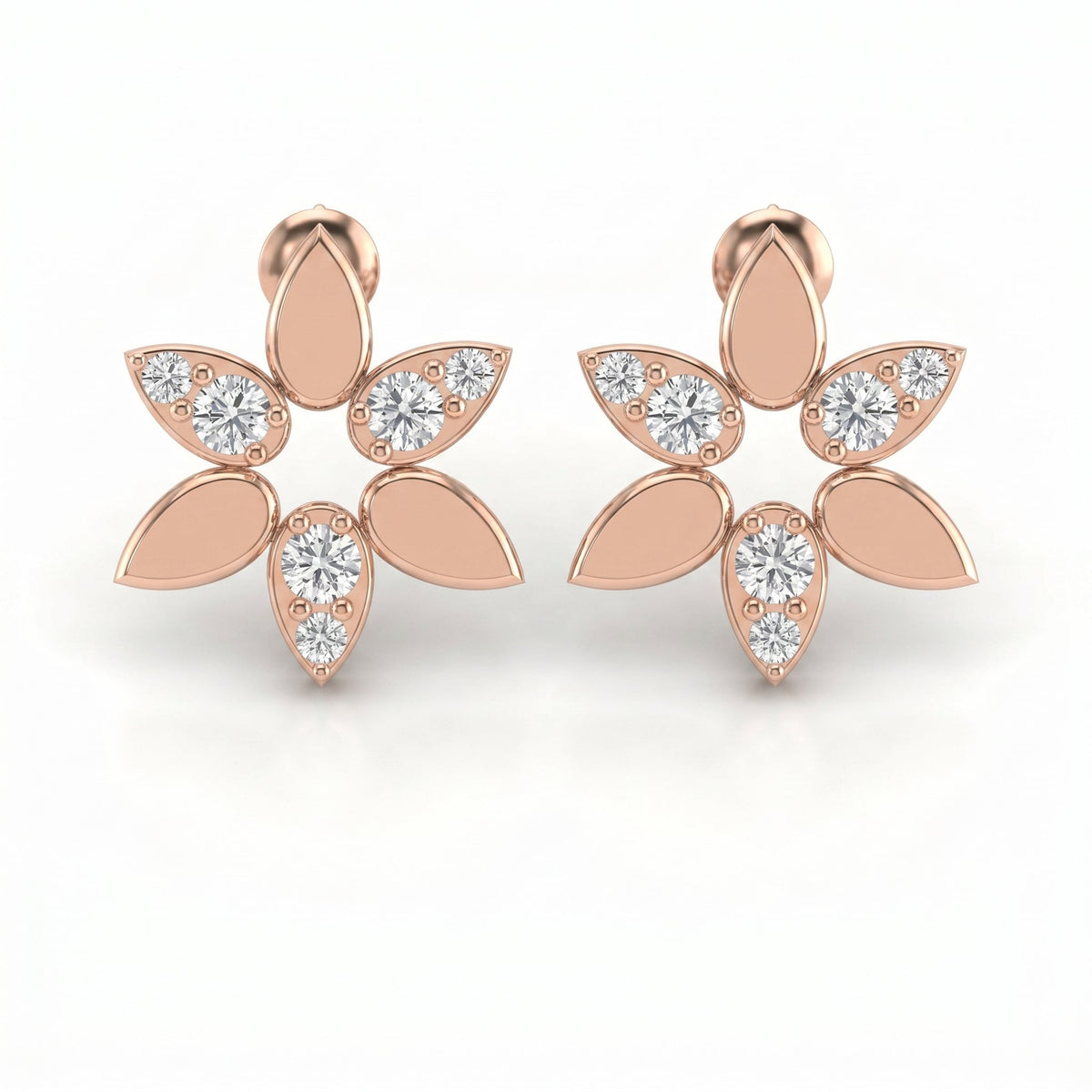 Elegant Leaf Petal Round Diamond Floral Cluster Design Earrings, view 5