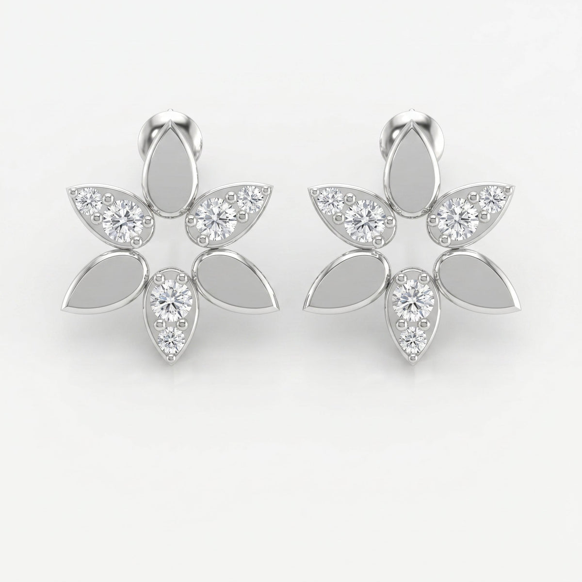 Elegant Leaf Petal Round Diamond Floral Cluster Design Earrings, view 6