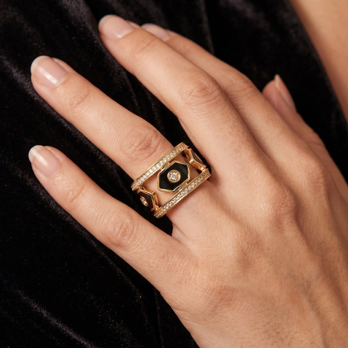 Wide Round Diamond Band with Black Enamel Ring, view 2