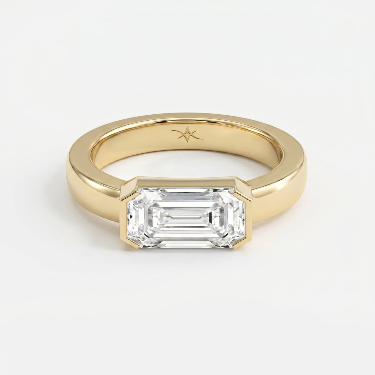 Bar Channel Setting Emerald Shape Diamond Solitaire Ring, view 1