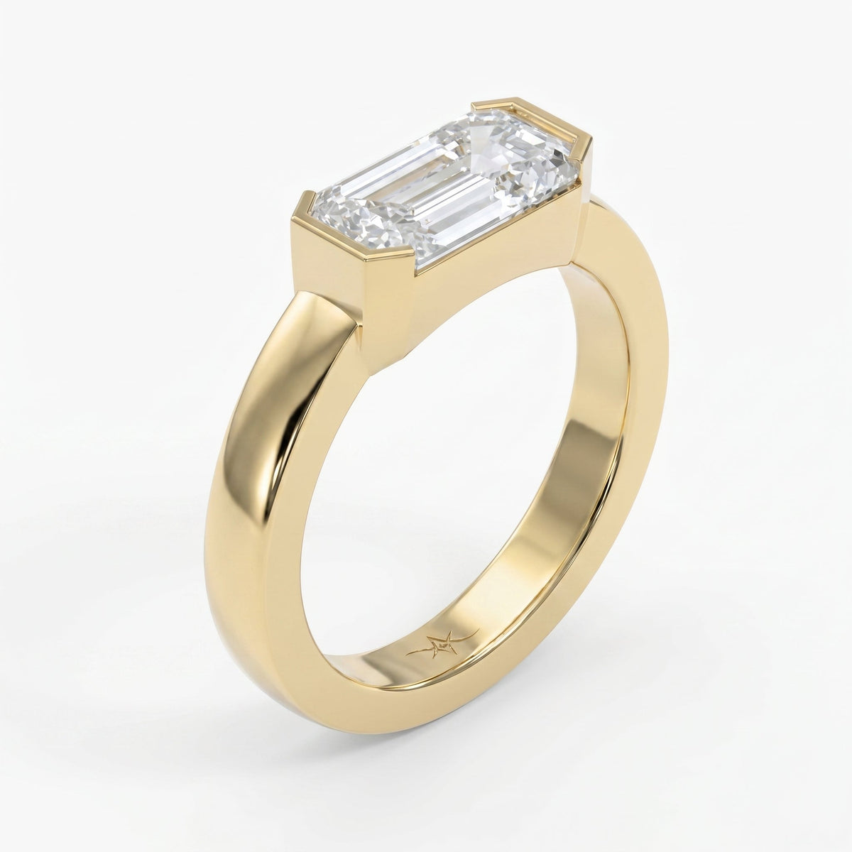 Bar Channel Setting Emerald Shape Diamond Solitaire Ring, view 3