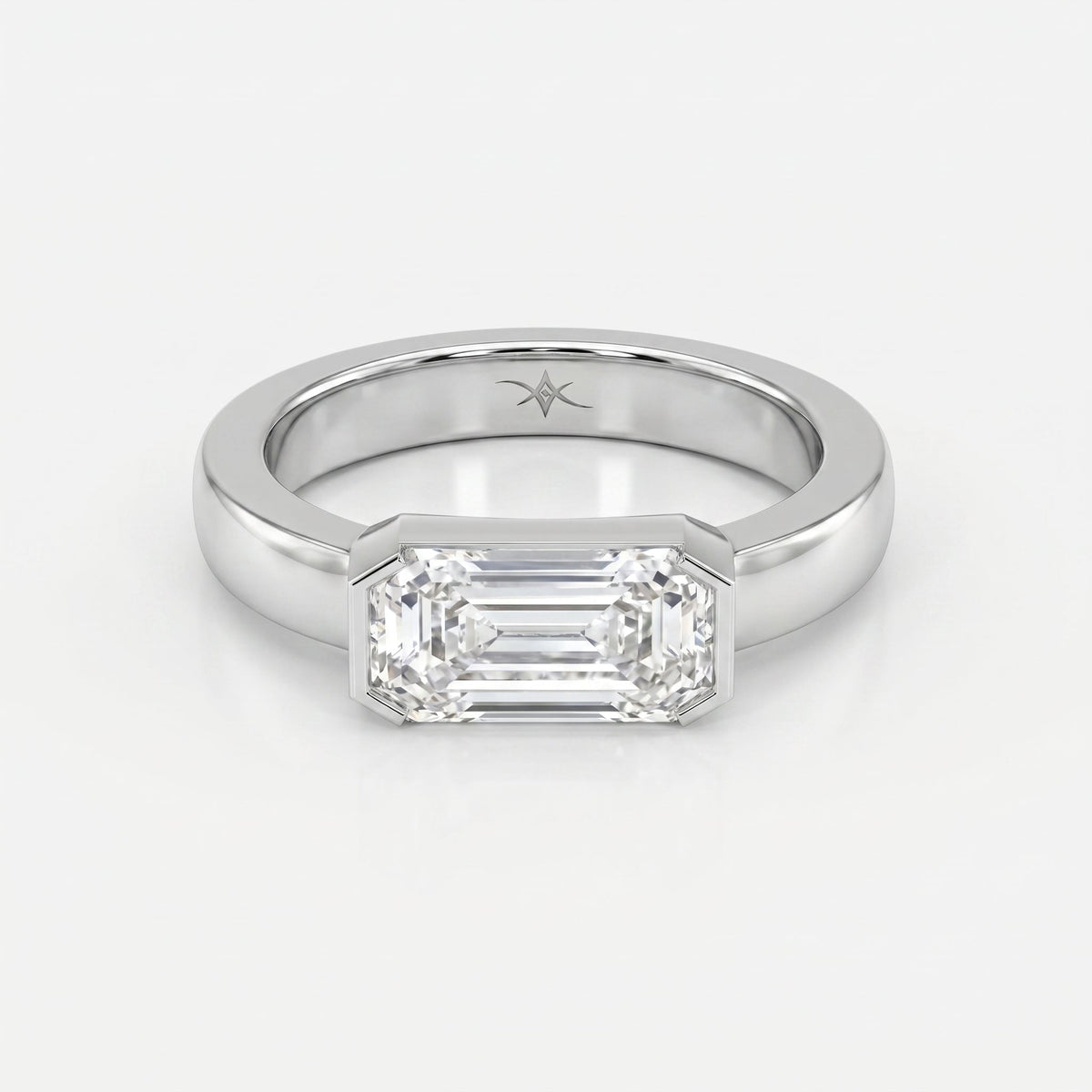 Bar Channel Setting Emerald Shape Diamond Solitaire Ring, view 6