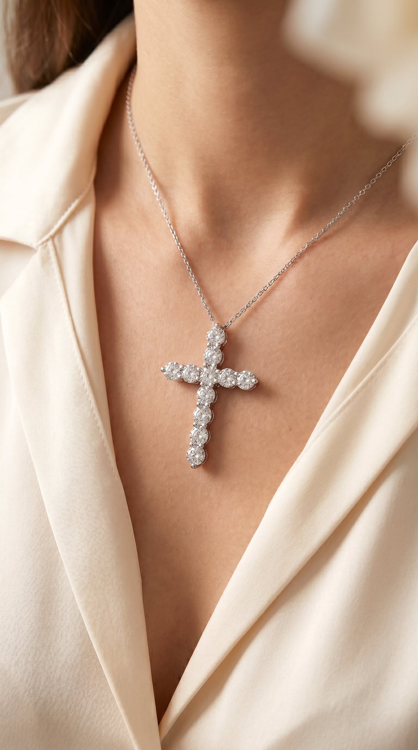 Round Diamond Cross Pendant Necklace, view 2