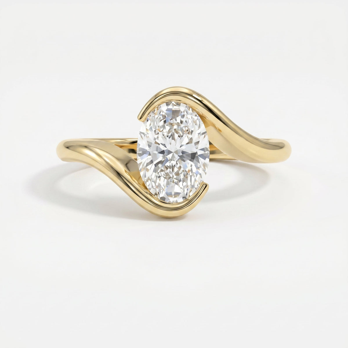 Modern Twist Bypass Design Oval Diamond Solitaire Ring, view 1